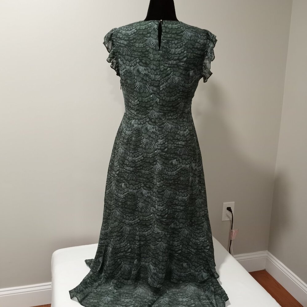 Feather Printed Midi Flounce Dress - Feather Bottle Green Women Size 40 - Picture 3 of 8